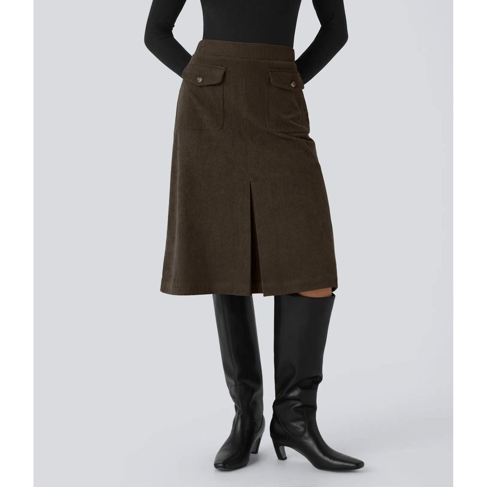 Halara nwt M chocolate brown mid rise midi corduroy skirt office work church - Picture 2 of 5